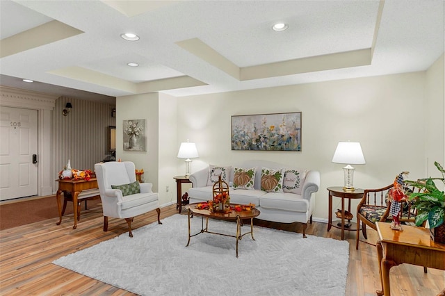 living room featuring hardwood / wood-style floors, a textured ceiling, and a raised ceiling