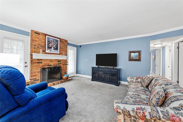 carpeted living room with a textured ceiling, crown molding, and a fireplace