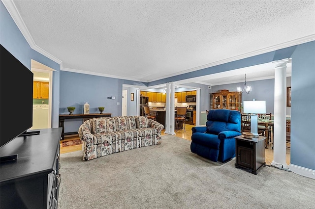 living room with light carpet, a textured ceiling, decorative columns, and crown molding