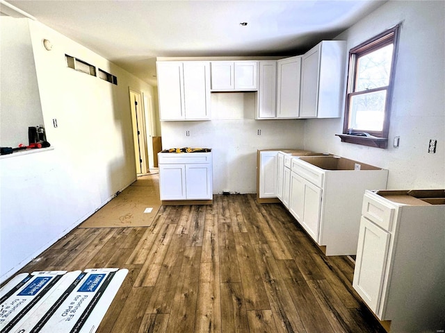 kitchen with white cabinetry and dark hardwood / wood-style floors