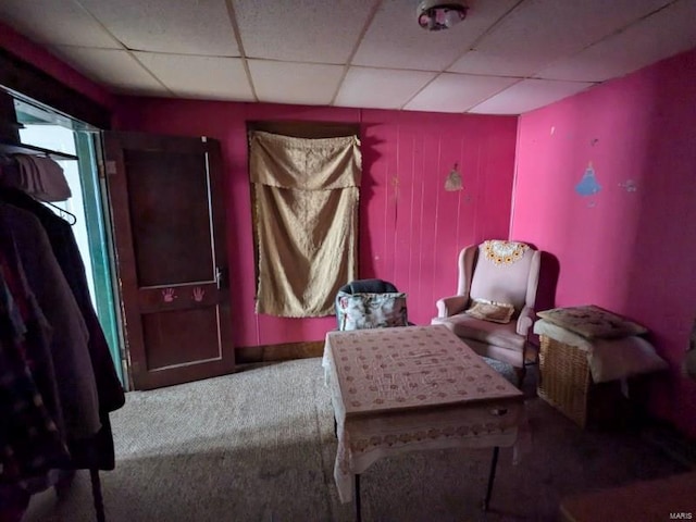 interior space featuring a drop ceiling and carpet floors