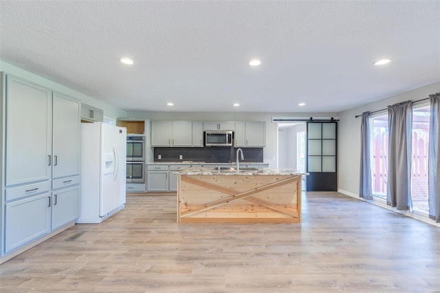 kitchen with a barn door, stainless steel appliances, a wealth of natural light, and light hardwood / wood-style flooring