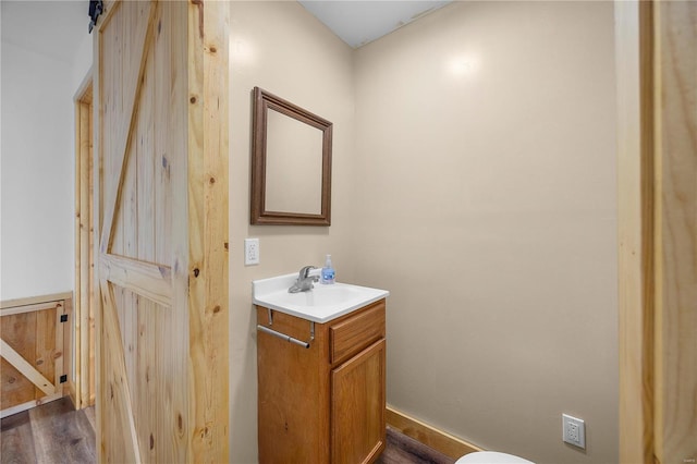 bathroom with vanity and wood-type flooring