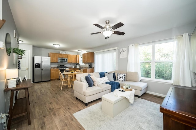 living room featuring ceiling fan and wood-type flooring