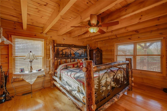 bedroom featuring beam ceiling, ceiling fan, wooden ceiling, wood walls, and light wood-type flooring