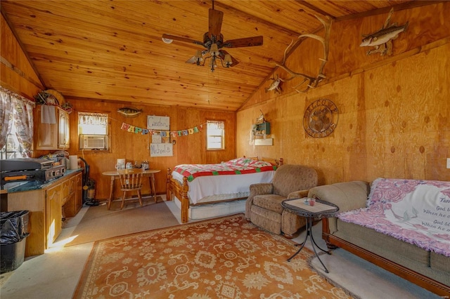 bedroom with ceiling fan, wooden ceiling, cooling unit, lofted ceiling, and wooden walls