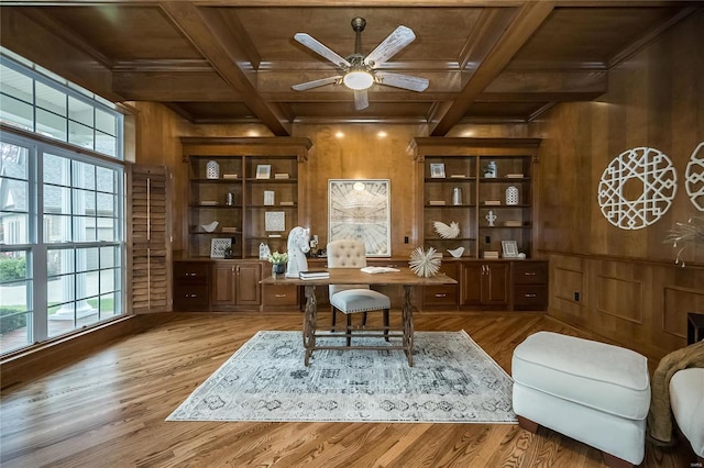 office with a wealth of natural light, wooden walls, and light hardwood / wood-style floors