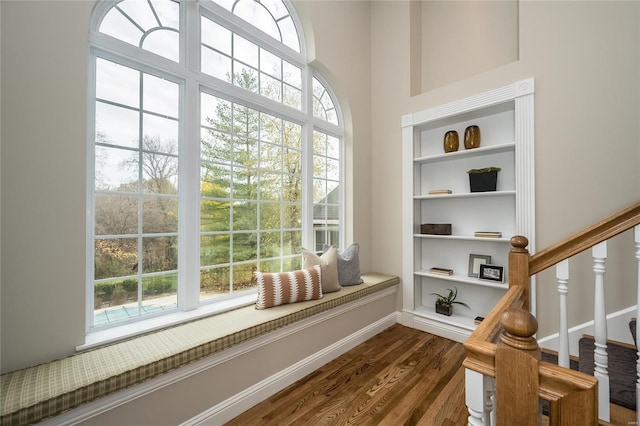 interior space with dark hardwood / wood-style flooring and built in features