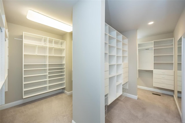 walk in closet with light carpet