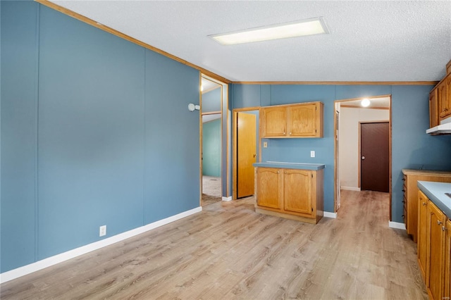 kitchen with light hardwood / wood-style flooring, vaulted ceiling, and ornamental molding