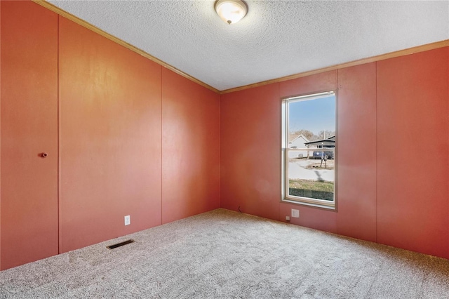 carpeted spare room featuring a textured ceiling and ornamental molding