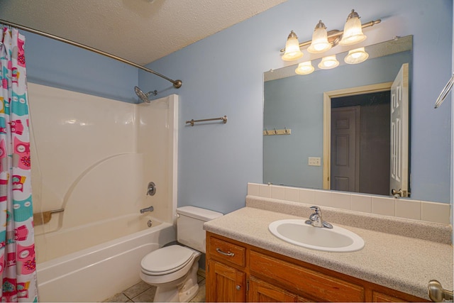 full bathroom featuring shower / bathtub combination with curtain, tile patterned floors, vanity, toilet, and a textured ceiling