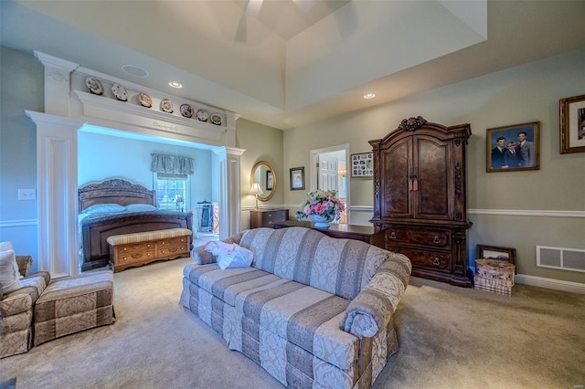 carpeted bedroom featuring ceiling fan