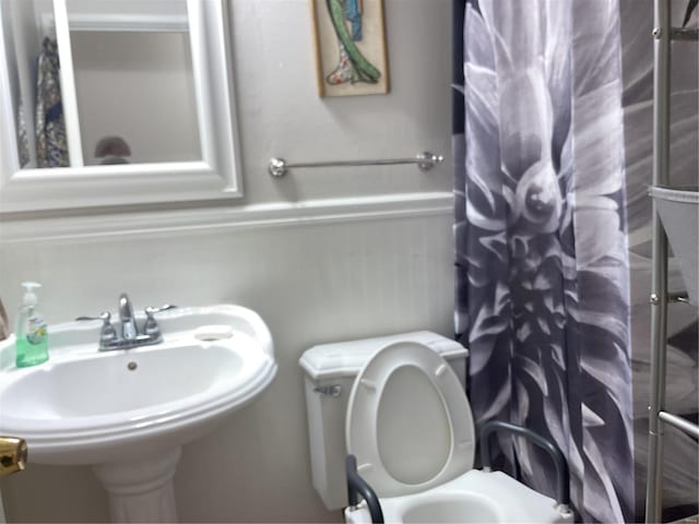 bathroom featuring a shower with curtain, sink, and toilet