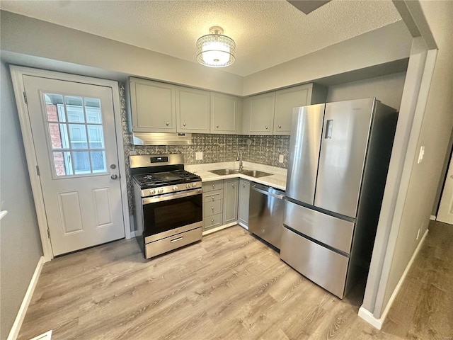 kitchen featuring gray cabinetry, sink, decorative backsplash, appliances with stainless steel finishes, and light wood-type flooring