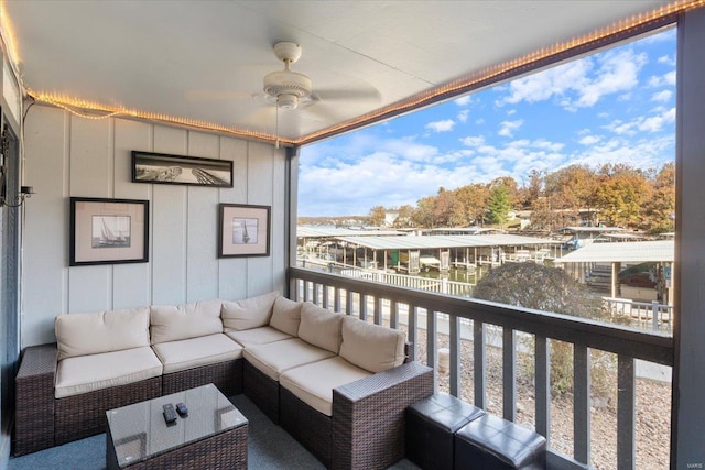 balcony with ceiling fan and an outdoor hangout area