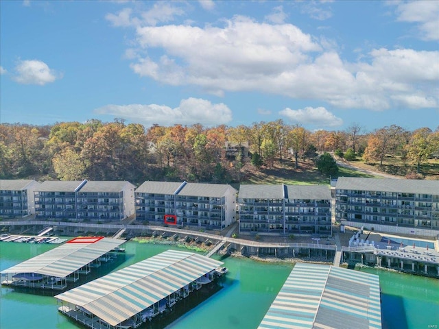 bird's eye view with a water view