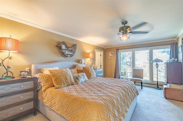 bedroom featuring light colored carpet, ceiling fan, and crown molding