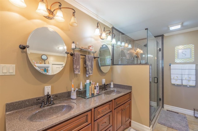 bathroom featuring crown molding, tile patterned flooring, vanity, and walk in shower