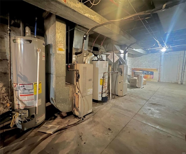 utility room featuring heating unit and water heater