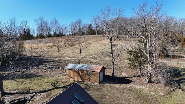 view of yard featuring an outdoor structure and a shed