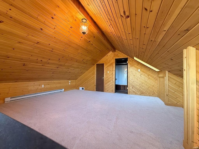 bonus room with carpet floors, vaulted ceiling, wood walls, wooden ceiling, and baseboard heating