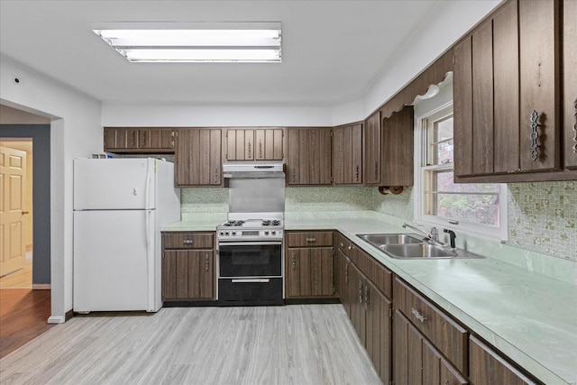 kitchen with sink, white fridge, stainless steel stove, and light hardwood / wood-style floors