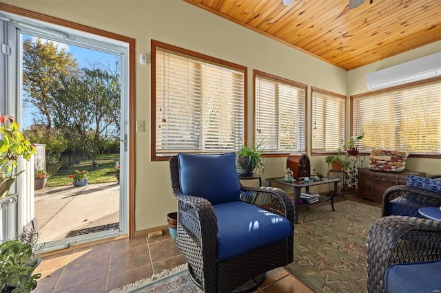 interior space featuring wooden ceiling and a wall mounted AC