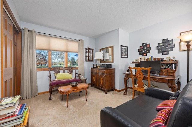 carpeted living room with a textured ceiling