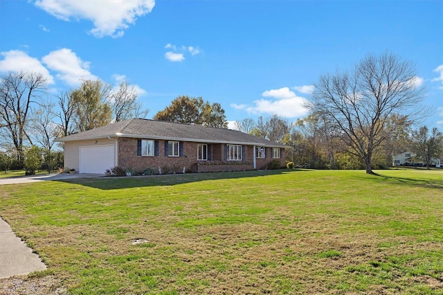 single story home featuring a front yard and a garage