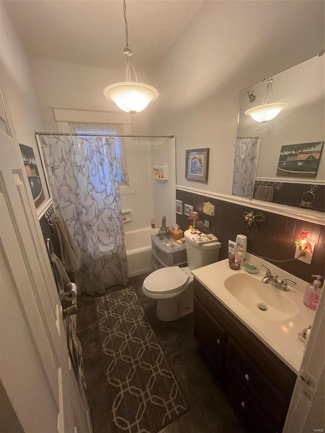 full bathroom with vanity, toilet, and shower / bathtub combination with curtain