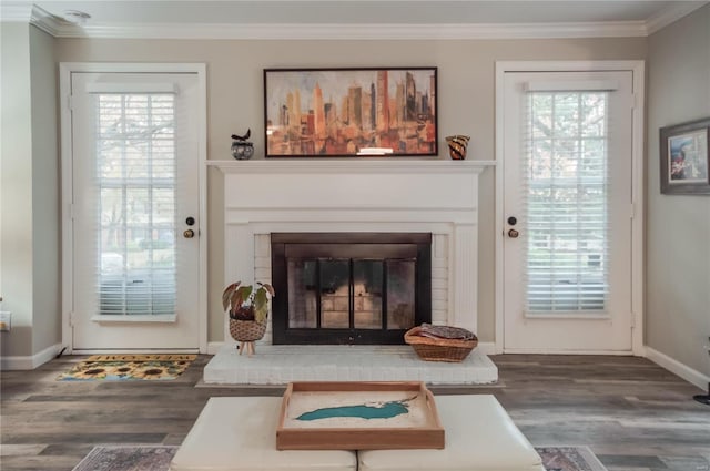 interior space featuring hardwood / wood-style floors, crown molding, and a fireplace