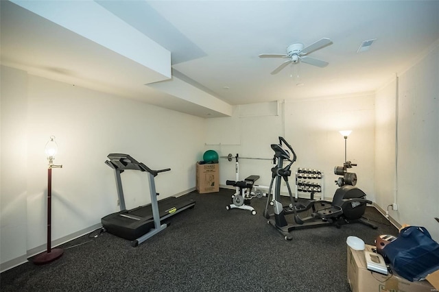 workout room featuring ceiling fan