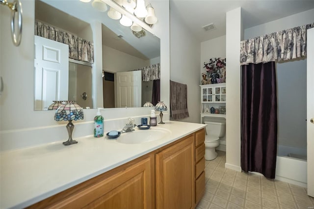 full bathroom featuring vanity, toilet, and shower / bathtub combination with curtain