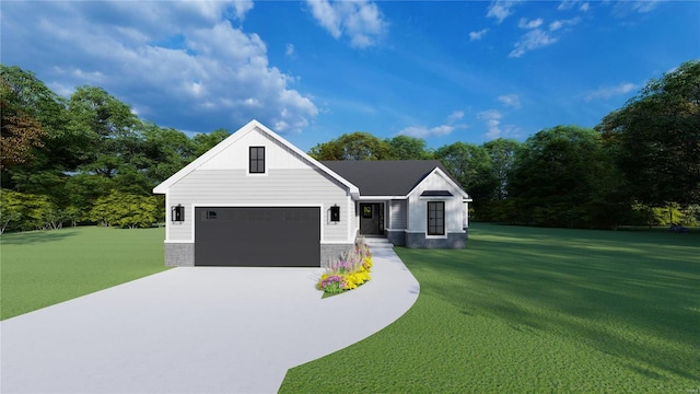 modern farmhouse featuring a front lawn and a garage