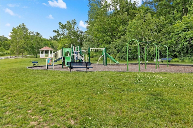 view of playground featuring a gazebo and a lawn