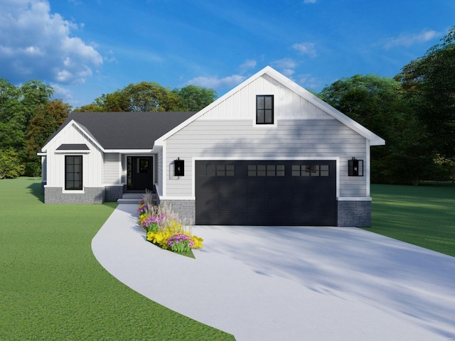 modern farmhouse style home featuring a garage and a front lawn