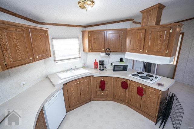 kitchen featuring white appliances, vaulted ceiling, ornamental molding, and sink