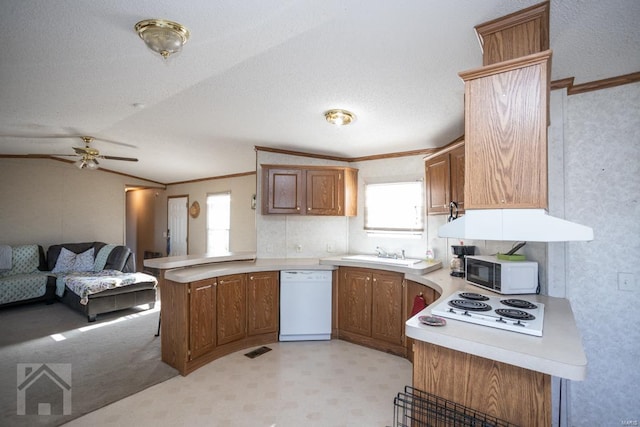 kitchen featuring a healthy amount of sunlight, white appliances, kitchen peninsula, and vaulted ceiling