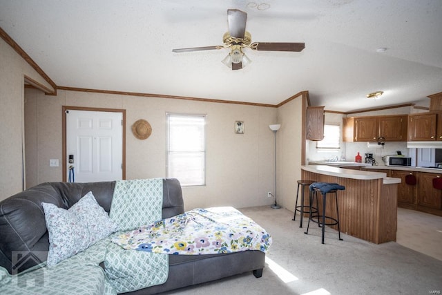 bedroom featuring a textured ceiling, crown molding, lofted ceiling, and light carpet