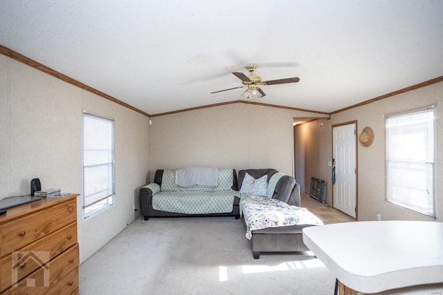 living room featuring ceiling fan, plenty of natural light, lofted ceiling, and ornamental molding