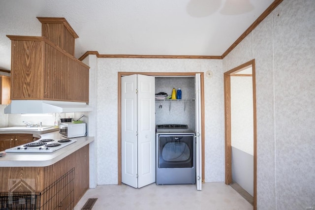 kitchen with white appliances, vaulted ceiling, crown molding, sink, and washer / dryer