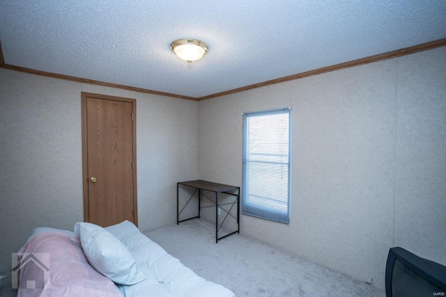 bedroom with light carpet, a textured ceiling, and crown molding