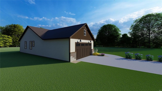 exterior space with a lawn and a garage