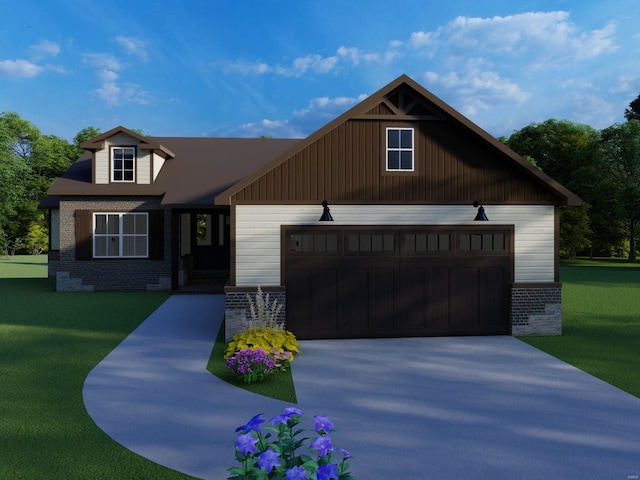 craftsman inspired home with a garage and a front lawn