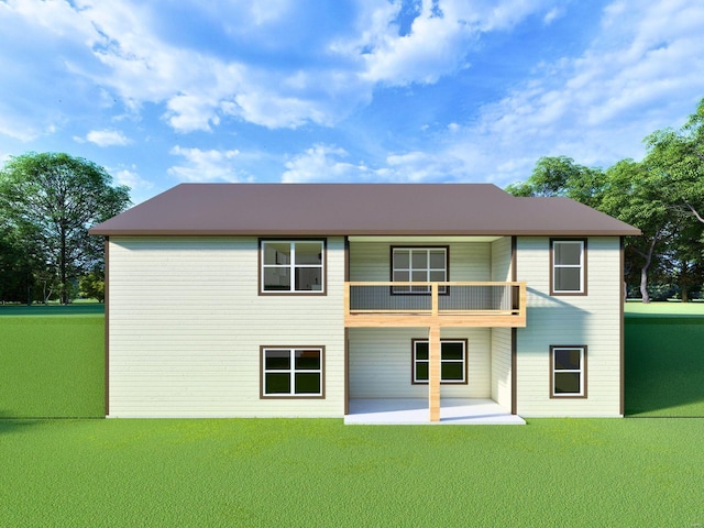 rear view of house featuring a balcony, a yard, and a patio area