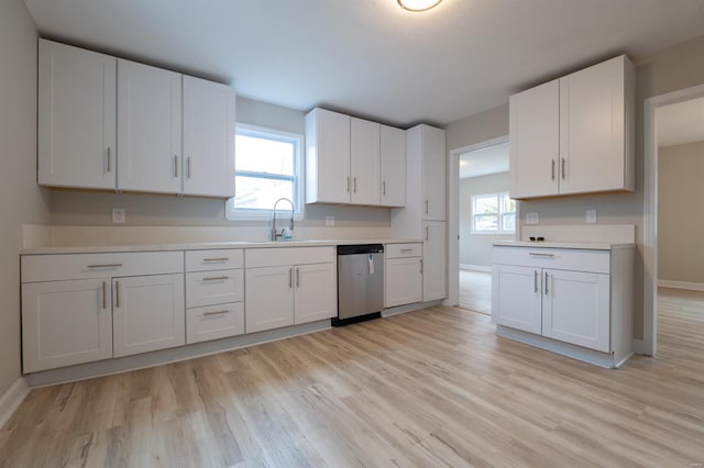 kitchen featuring stainless steel dishwasher, a healthy amount of sunlight, and white cabinetry