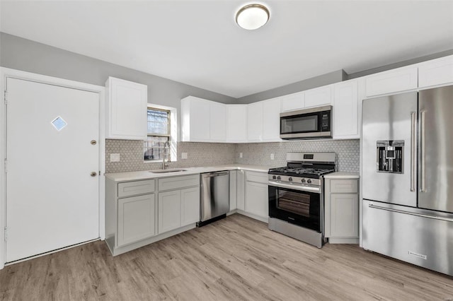 kitchen featuring appliances with stainless steel finishes, backsplash, sink, light hardwood / wood-style floors, and white cabinetry