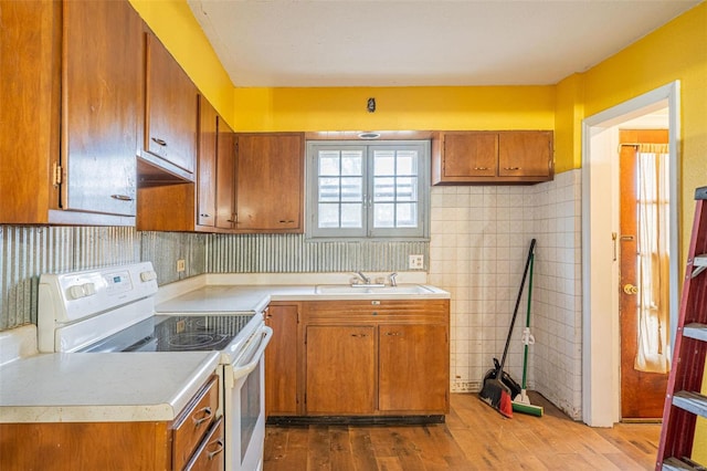 kitchen featuring wood-type flooring, electric stove, and sink