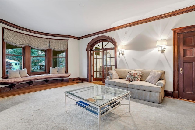 living room featuring carpet floors and crown molding